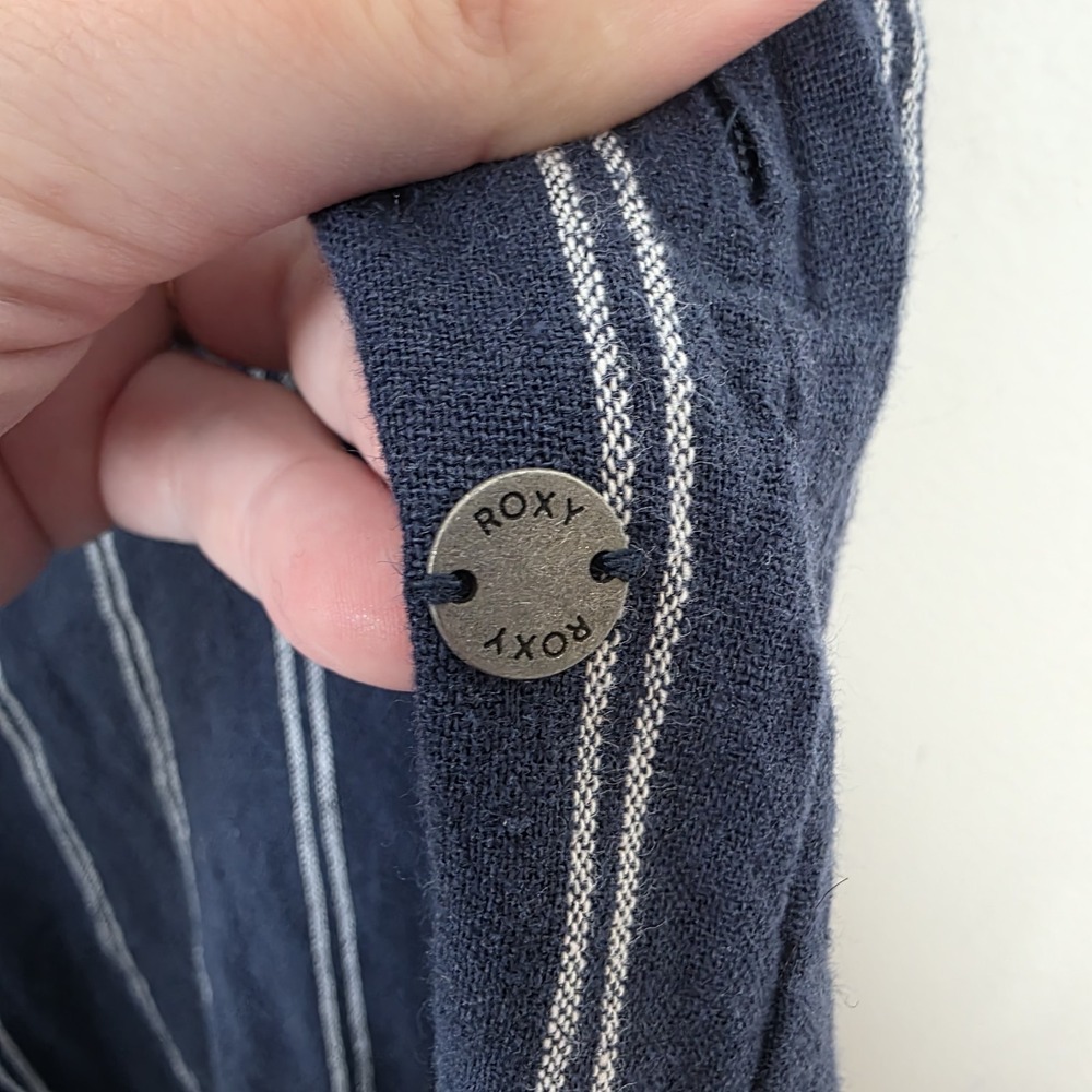 Roxy Blue White Striped Tell Me Ok High Waist Linen Wide Leg Cropped Pants XL - Picture 9 of 11